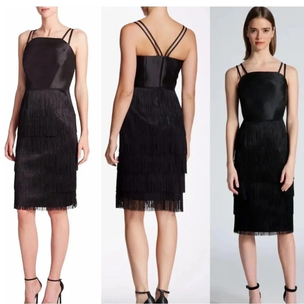 Shoshanna Midnight Black Vera Fringe Dress Cocktail Double Straps Womens Size 2‎